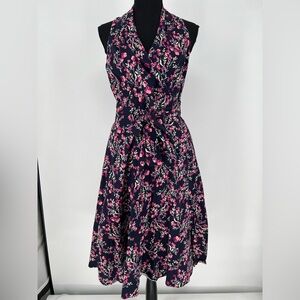 London Times sleeveless fit &  flare midi dress in‎ navy w/pink floral print.